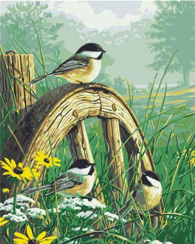 Houten Wiel en Vogels in het Gras Schilderen op Nummers
