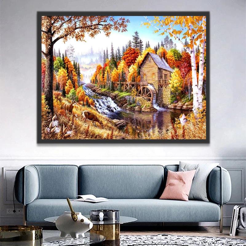 Idyllisch Herfstlandschap met Watermolen Schilderen op Nummers