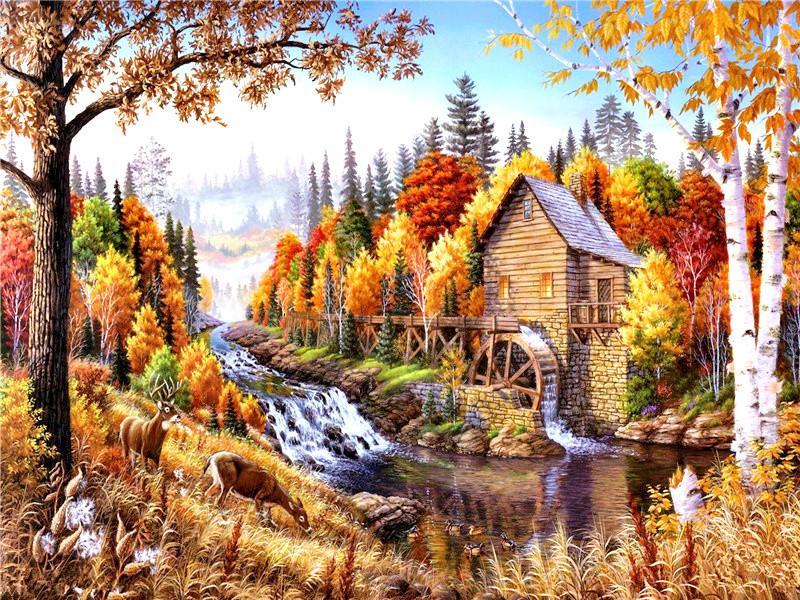Idyllisch Herfstlandschap met Watermolen Schilderen op Nummers