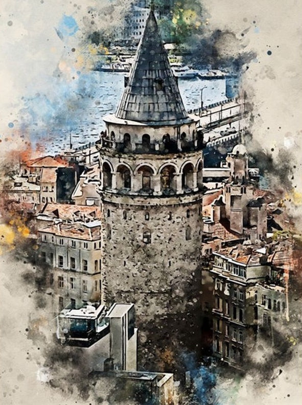 Istanbul op een Aquarel Ansichtkaart Schilderen op Nummers