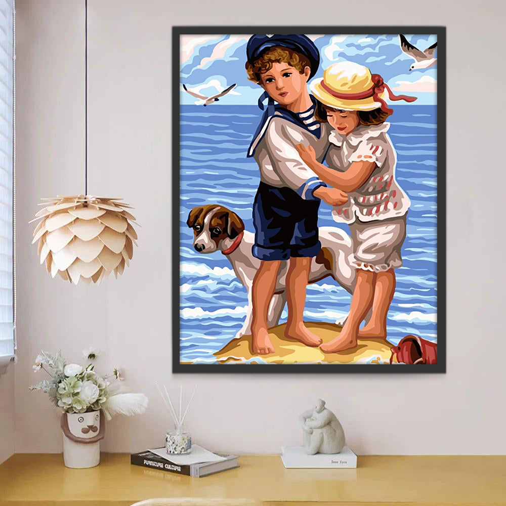 Jongen, Meisje en Puppy op het Rif Schilderen op Nummers