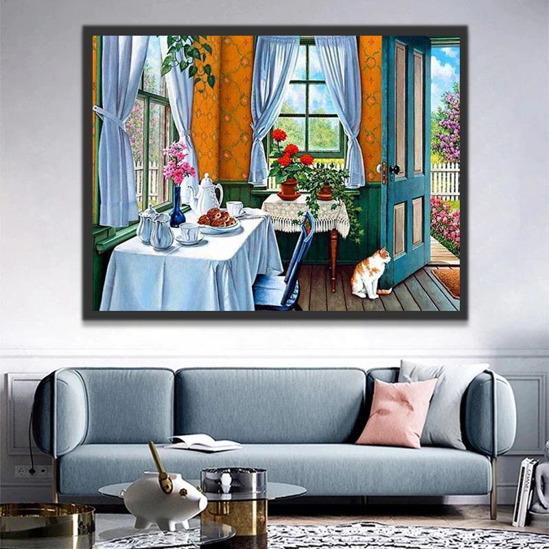 Kamer met Bloemen en Kat Schilderen op Nummers