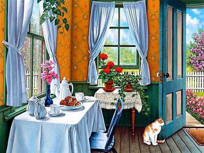 Kamer met Bloemen en Kat Schilderen op Nummers