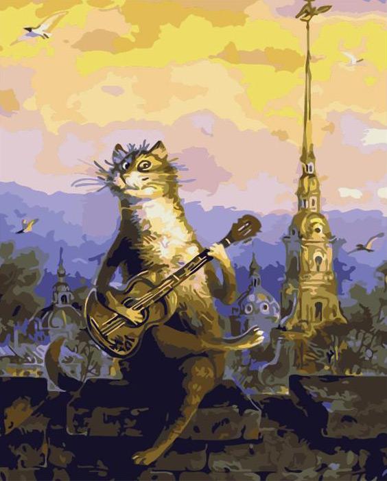 Kat die Gitaar Speelt bij Zonsondergang Schilderen op Nummers