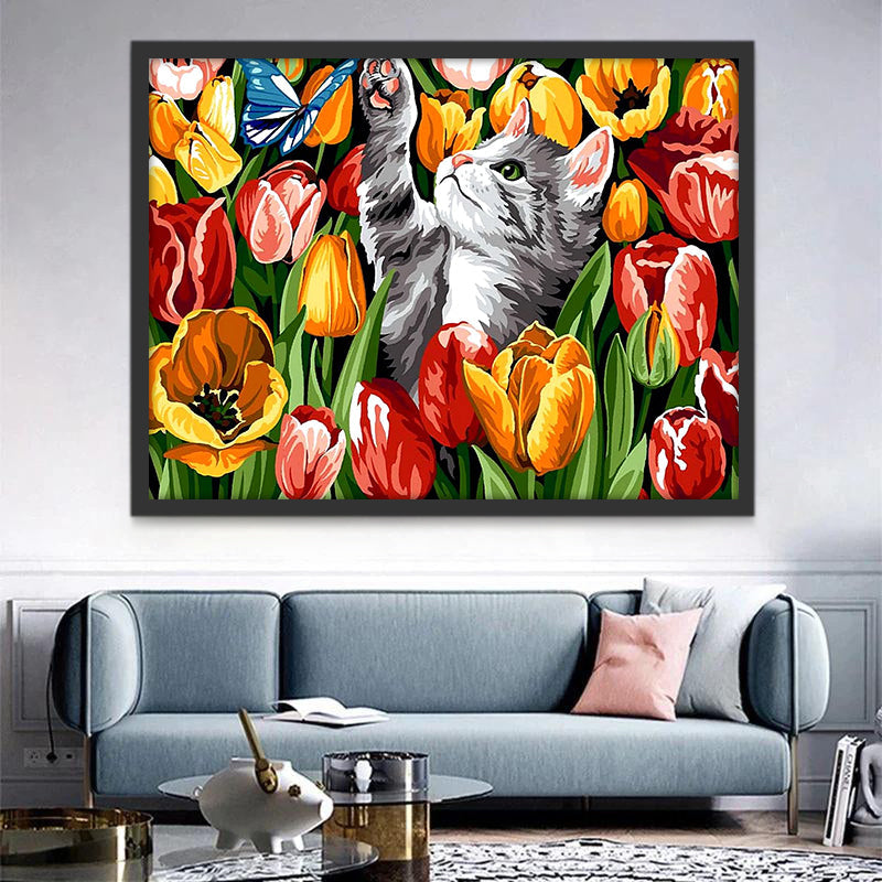Kat en Vlinder in Tulpenstruik Schilderen op Nummers