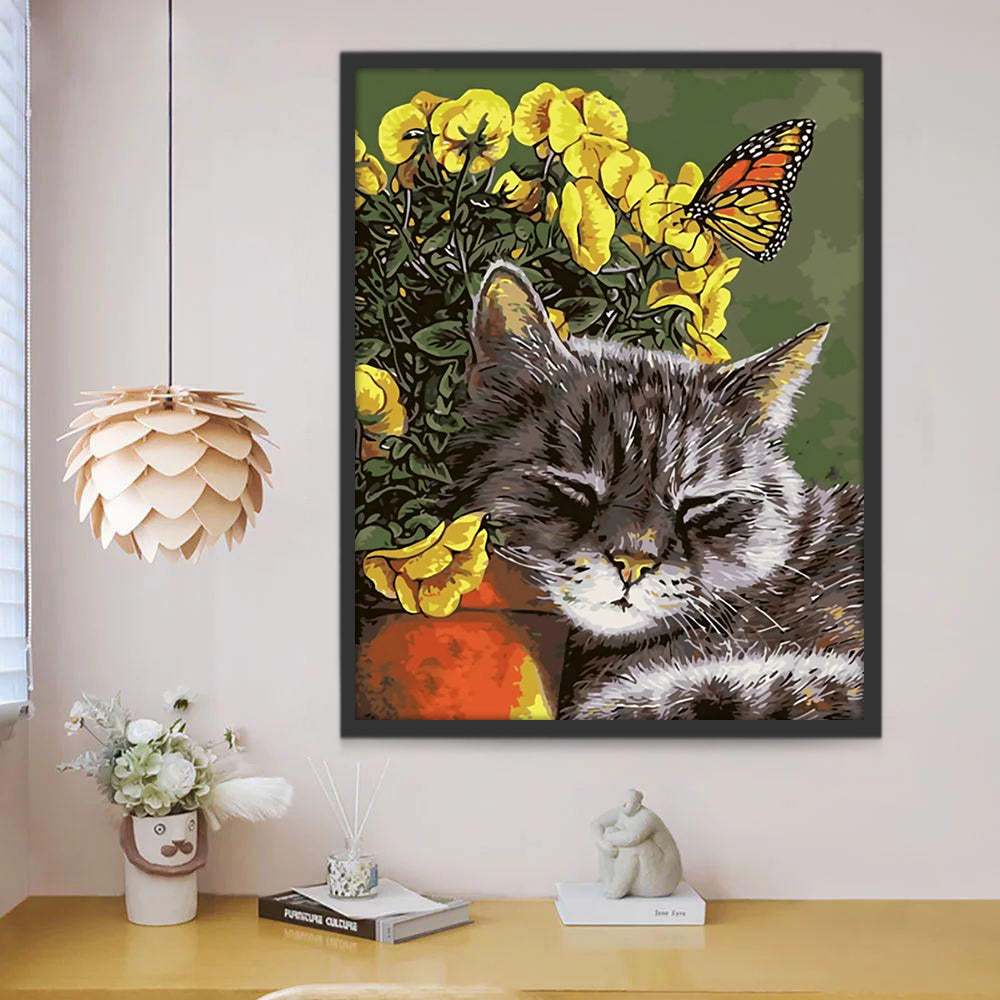 Kat en Vlinder naast Geel Boeket Schilderen op Nummers
