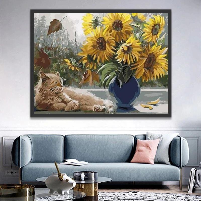 Kat en Zonnebloemen Schilderen op Nummers