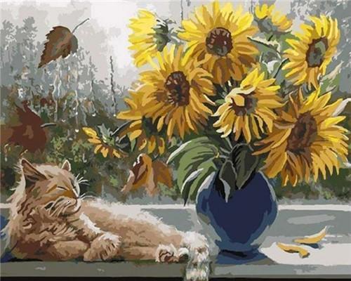 Kat en Zonnebloemen Schilderen op Nummers