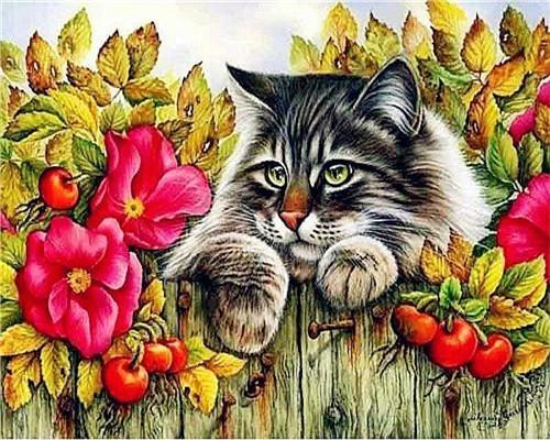 Kat in Bladeren en Bloemen Gewikkeld Schilderen op Nummers