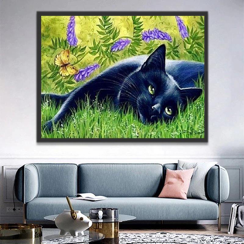 Kat Liggend op Gras Schilderen op Nummers