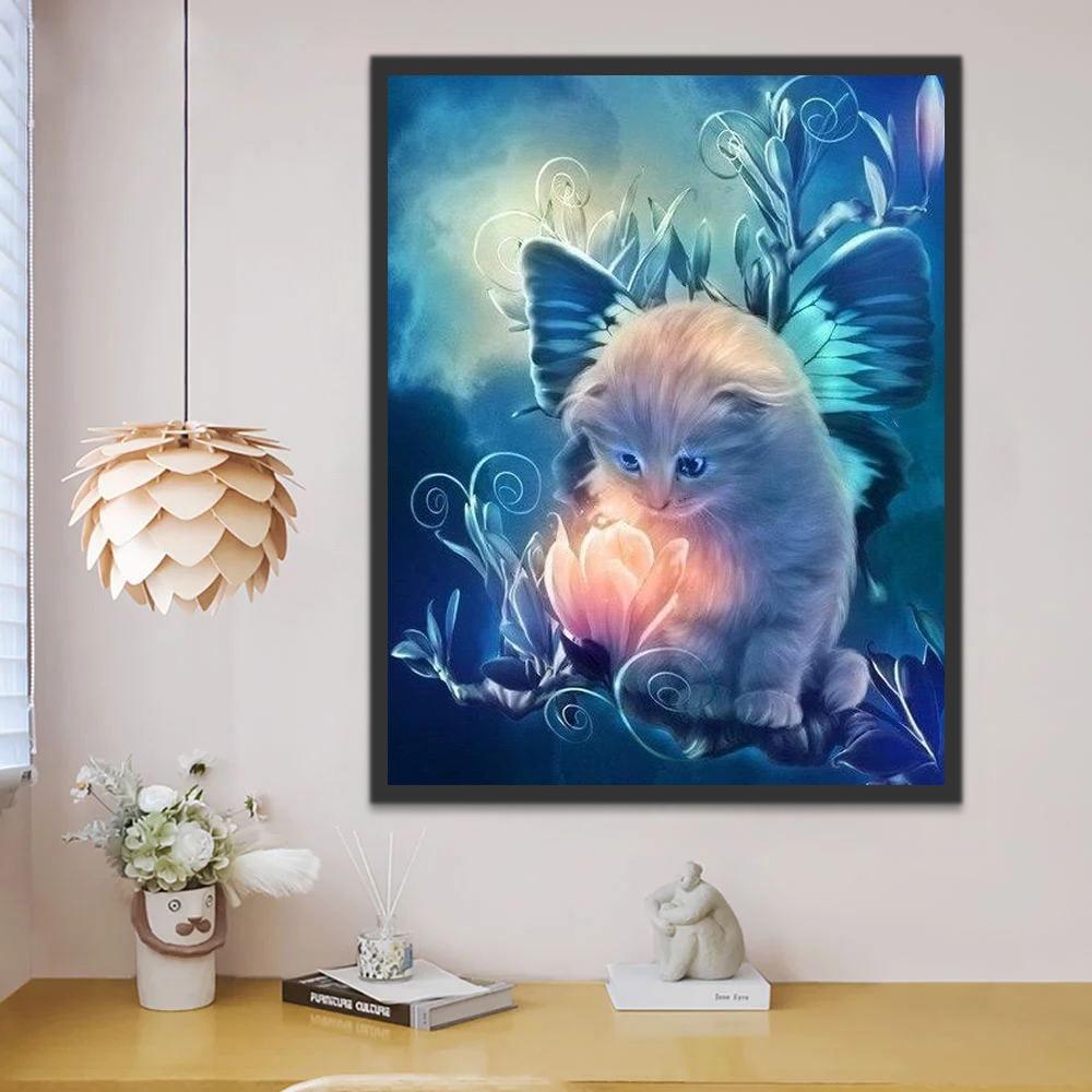 Kat met Vlindervleugels en Gloeiende Bloemen Schilderen op Nummers