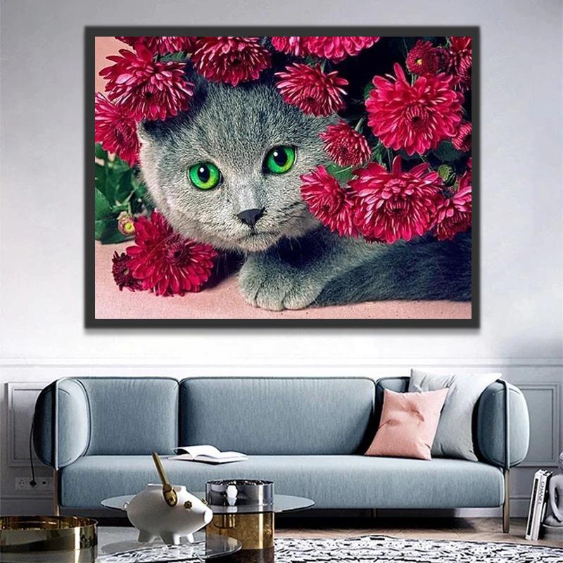 Kat onder de Rode Bloemen Schilderen op Nummers