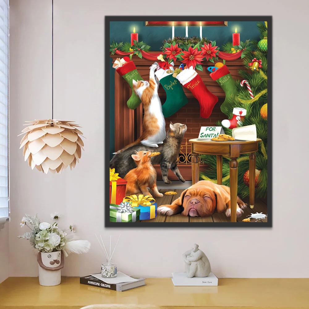 Katten en Hond in de Woonkamer met Kerstmis Schilderen op Nummers