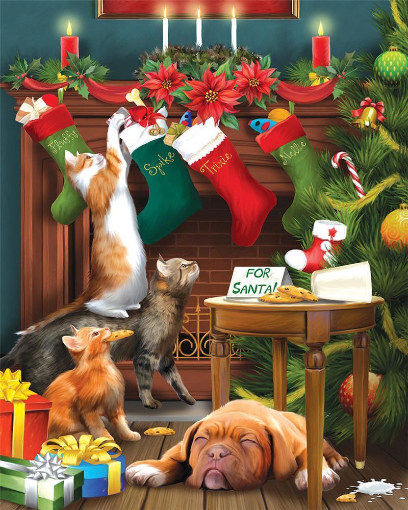 Katten en Hond in de Woonkamer met Kerstmis Schilderen op Nummers