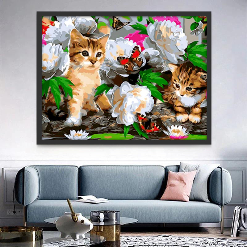 Katten en Vlinders Spelen bij een Vijver Schilderen op Nummers