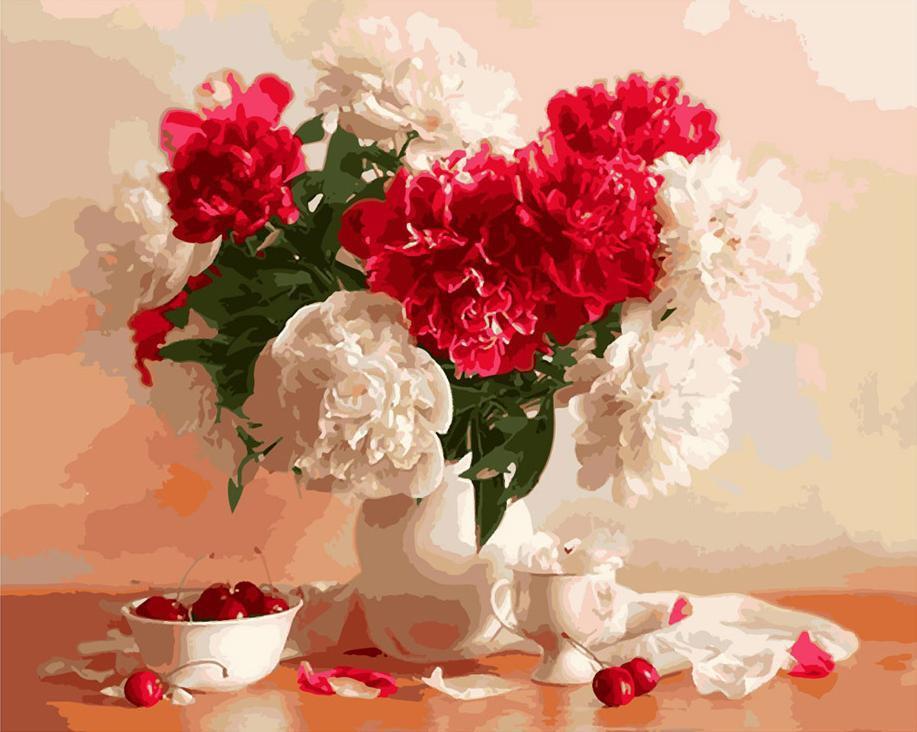 Kersen, Rode en Witte Bloemen Schilderen op Nummers