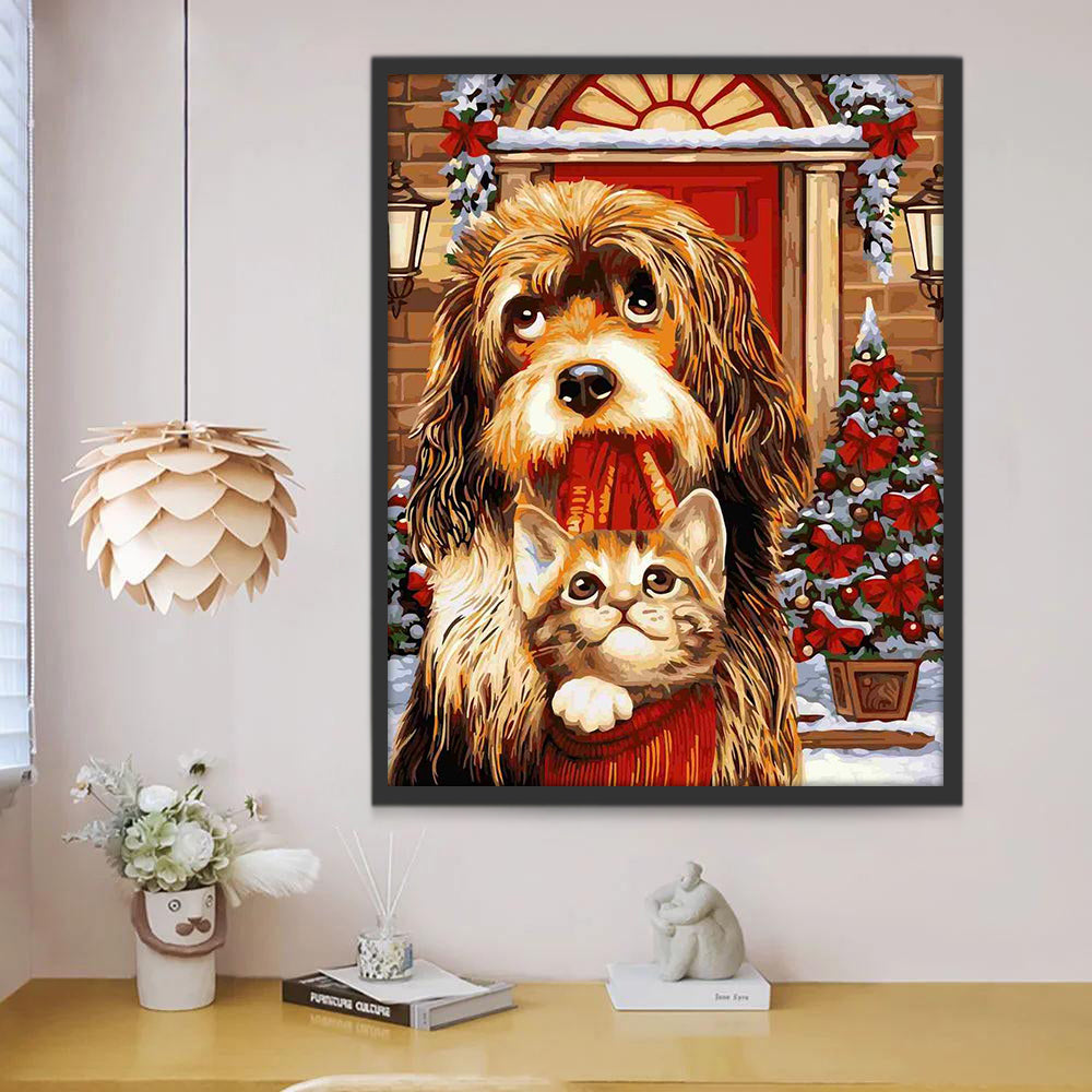 Kerst Hond en Kat Schilderen op Nummers