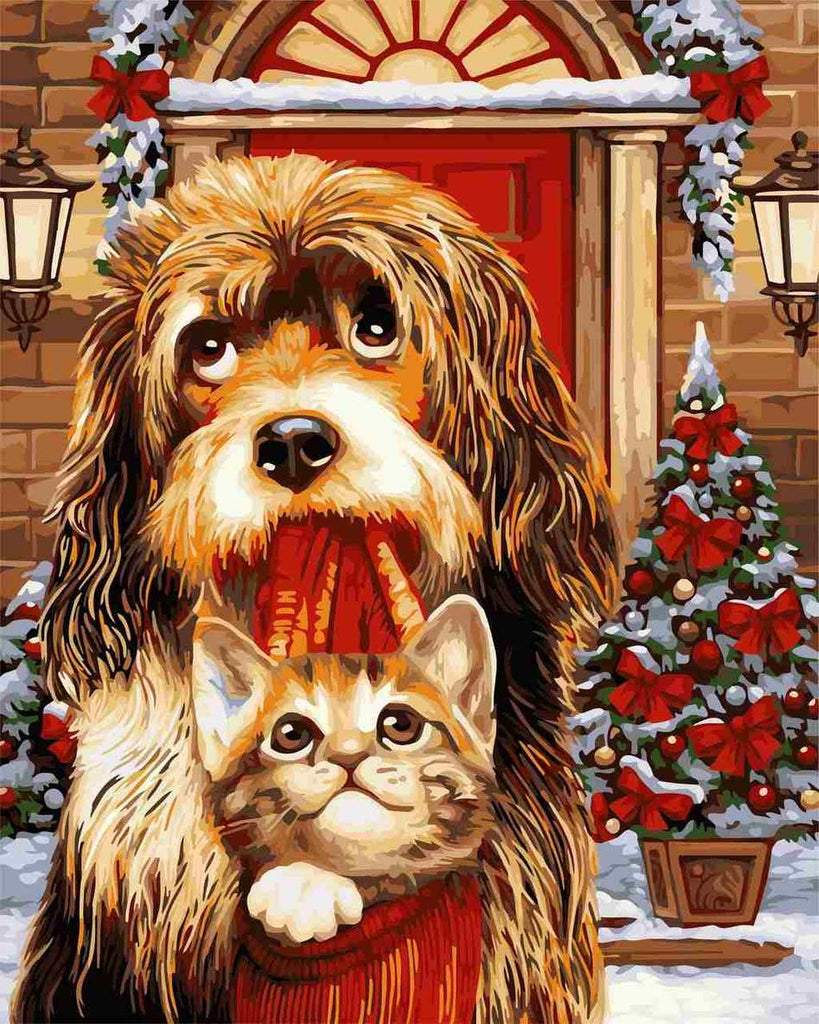 Kerst Hond en Kat Schilderen op Nummers