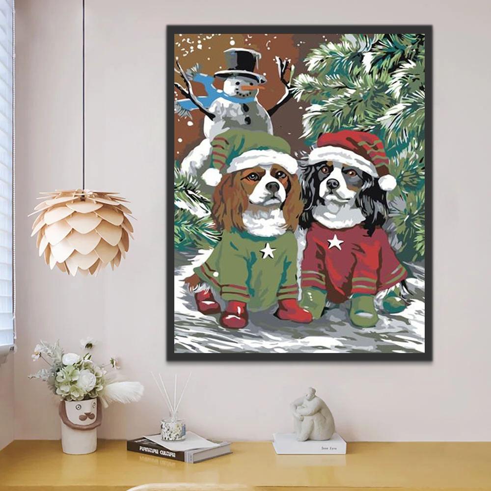 Kerst Sneeuwpop en Twee Honden Schilderen op Nummers