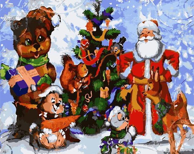 Kerstfeest met Dierenvrienden rond de Kerstboom Schilderen op Nummers