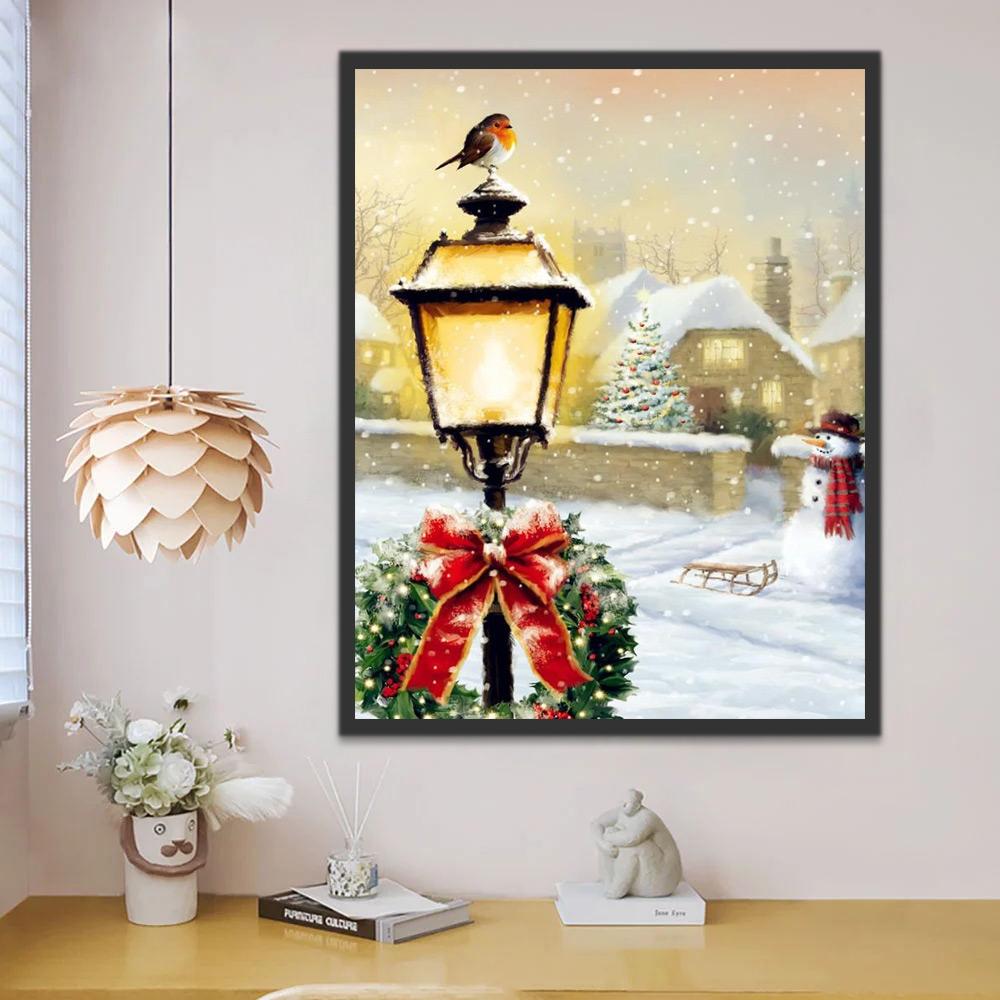 Kerstkrans, Sneeuwman en Vogel Schilderen op Nummers