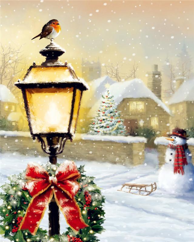 Kerstkrans, Sneeuwman en Vogel Schilderen op Nummers