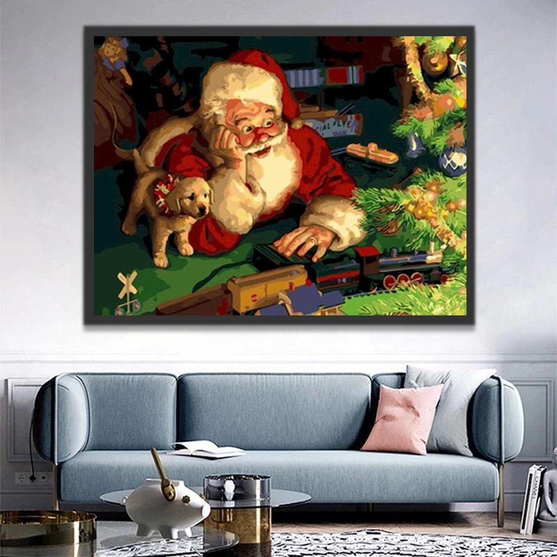 Kerstman en Puppy die met Stuk Speelgoed Spelen Schilderen op Nummers