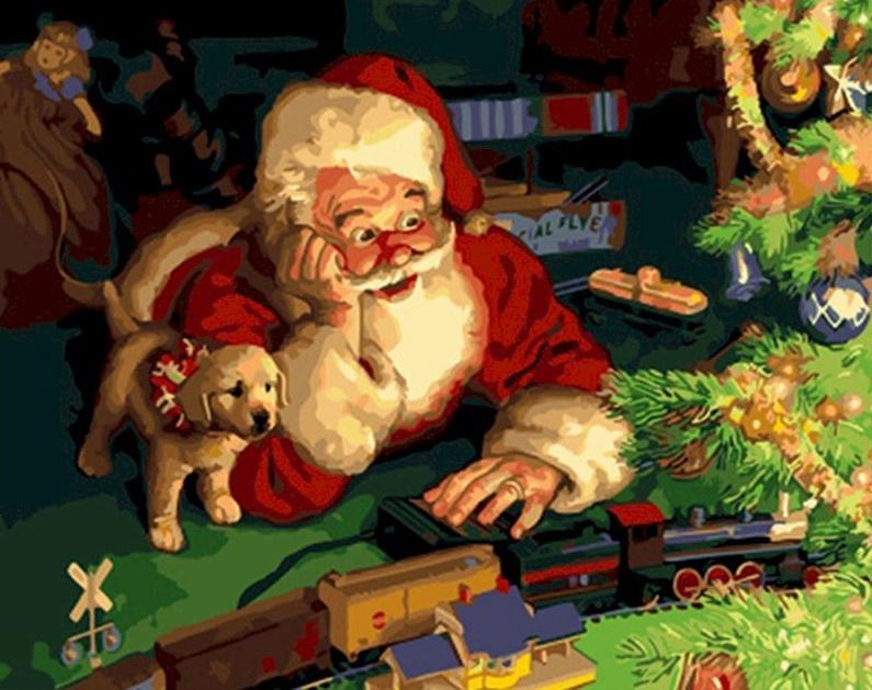 Kerstman en Puppy die met Stuk Speelgoed Spelen Schilderen op Nummers