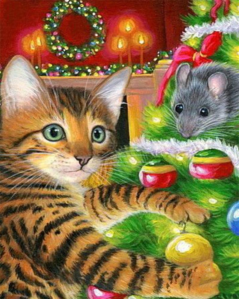 Kerstverkleedde Kat en Muis Schilderen op Nummers