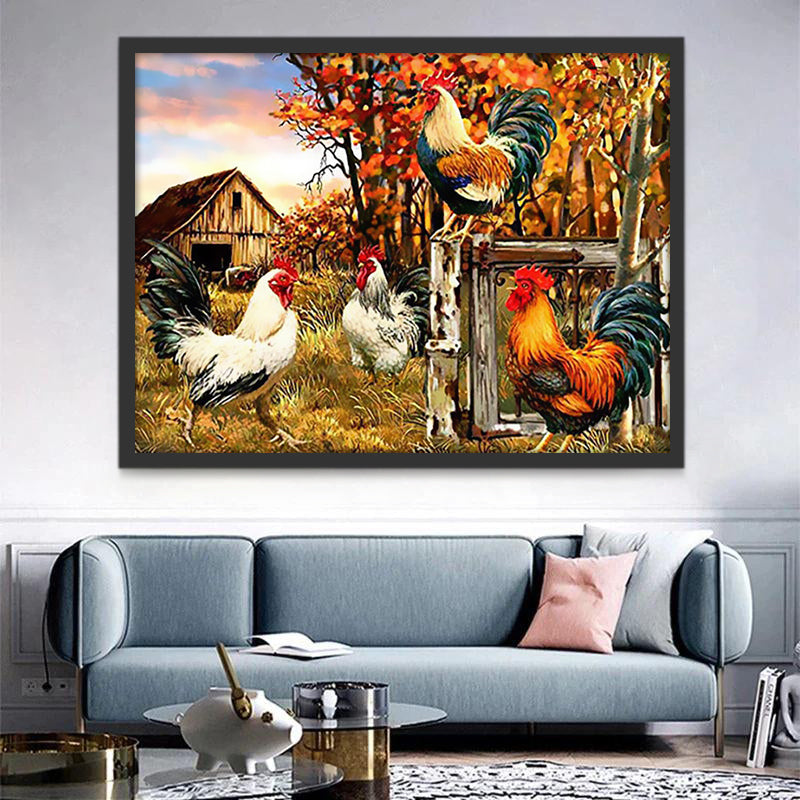 Kippen op de boerderij in de herfst Schilderen op Nummers