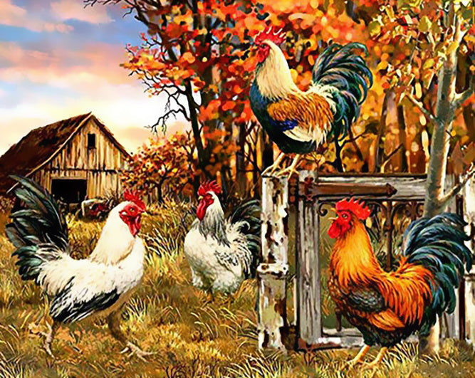 Kippen op de boerderij in de herfst Schilderen op Nummers