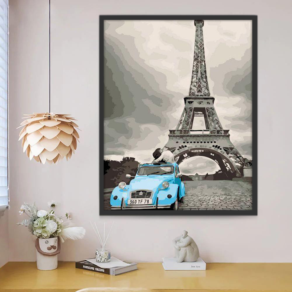 Klassiek Blauw Voertuig aan de Voet van de Eiffeltoren Schilderen op Nummers