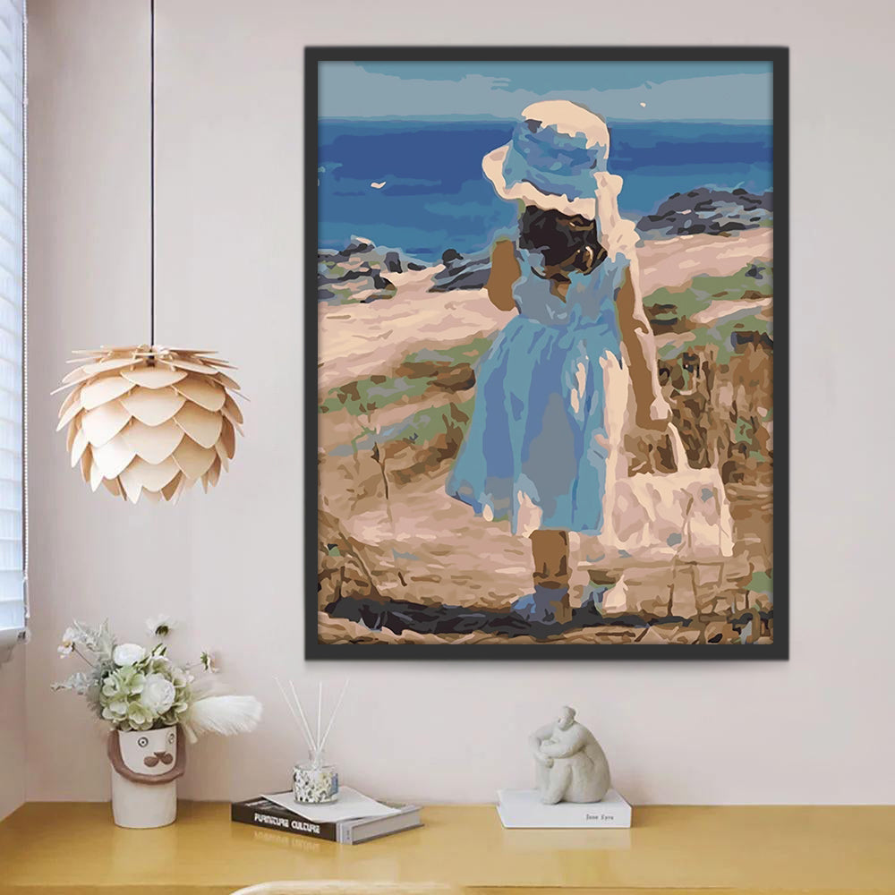 Klein Meisje in Witte Jurk bij de Zee Schilderen op Nummers