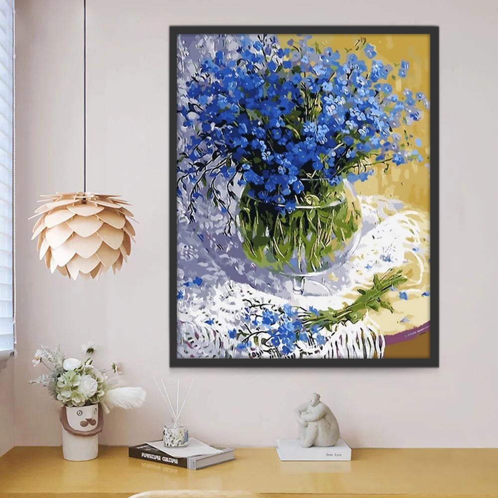 Kleine Blauwe Bloemen in een Glazen Vaas Schilderen op Nummers