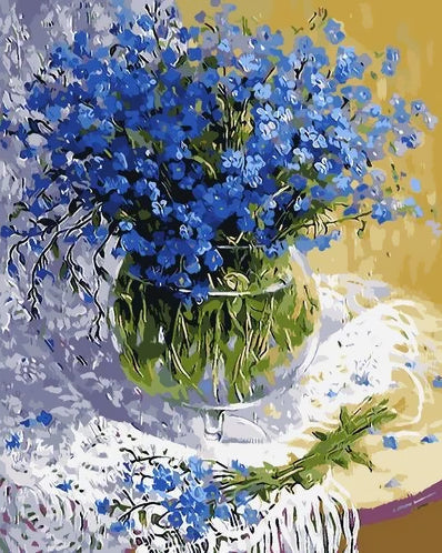 Kleine Blauwe Bloemen in een Glazen Vaas Schilderen op Nummers