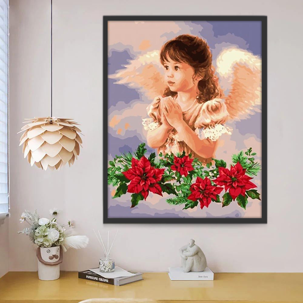 Kleine Engel in Gebed met Rode Bloemen Schilderen op Nummers