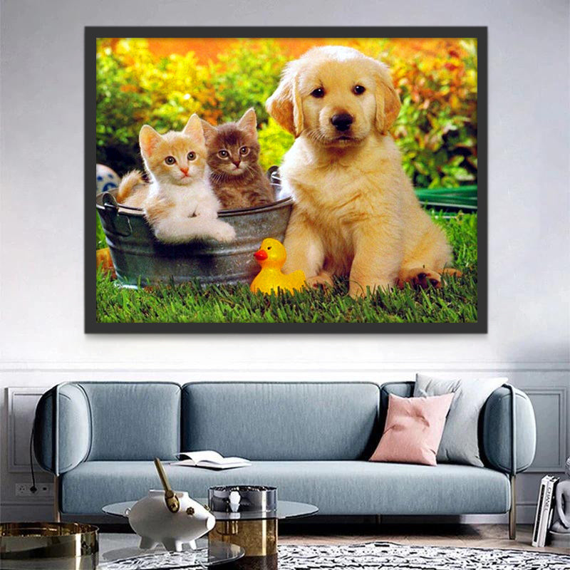 Kleine Golden Retriever en Twee Katten Schilderen op Nummers