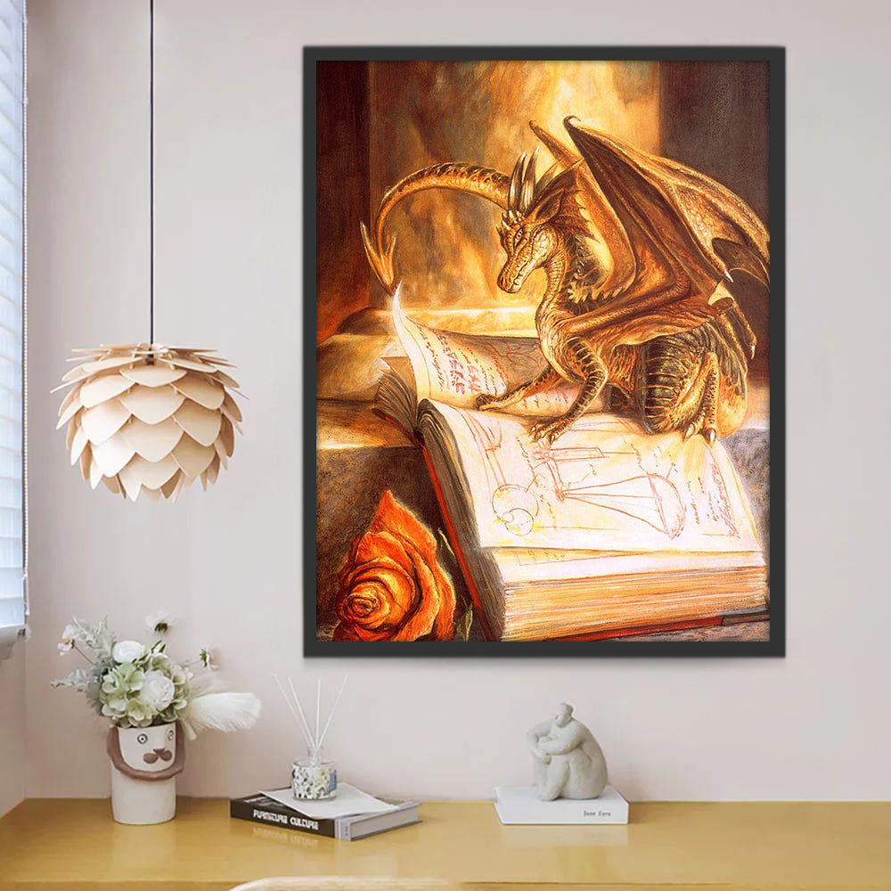 Kleine gouden draak leest een boek Schilderen op Nummers