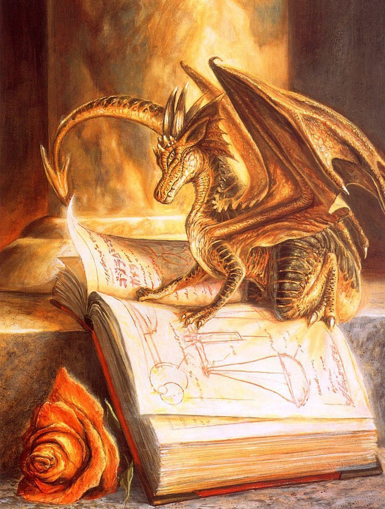 Kleine gouden draak leest een boek Schilderen op Nummers