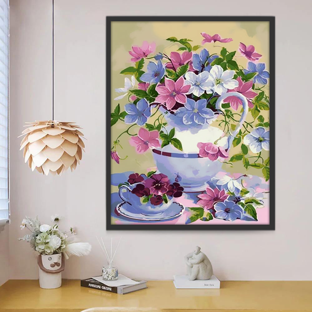 Kleine Kleurrijke Bloemen in Keramieken Vaas en Koffiekopje Schilderen op Nummers
