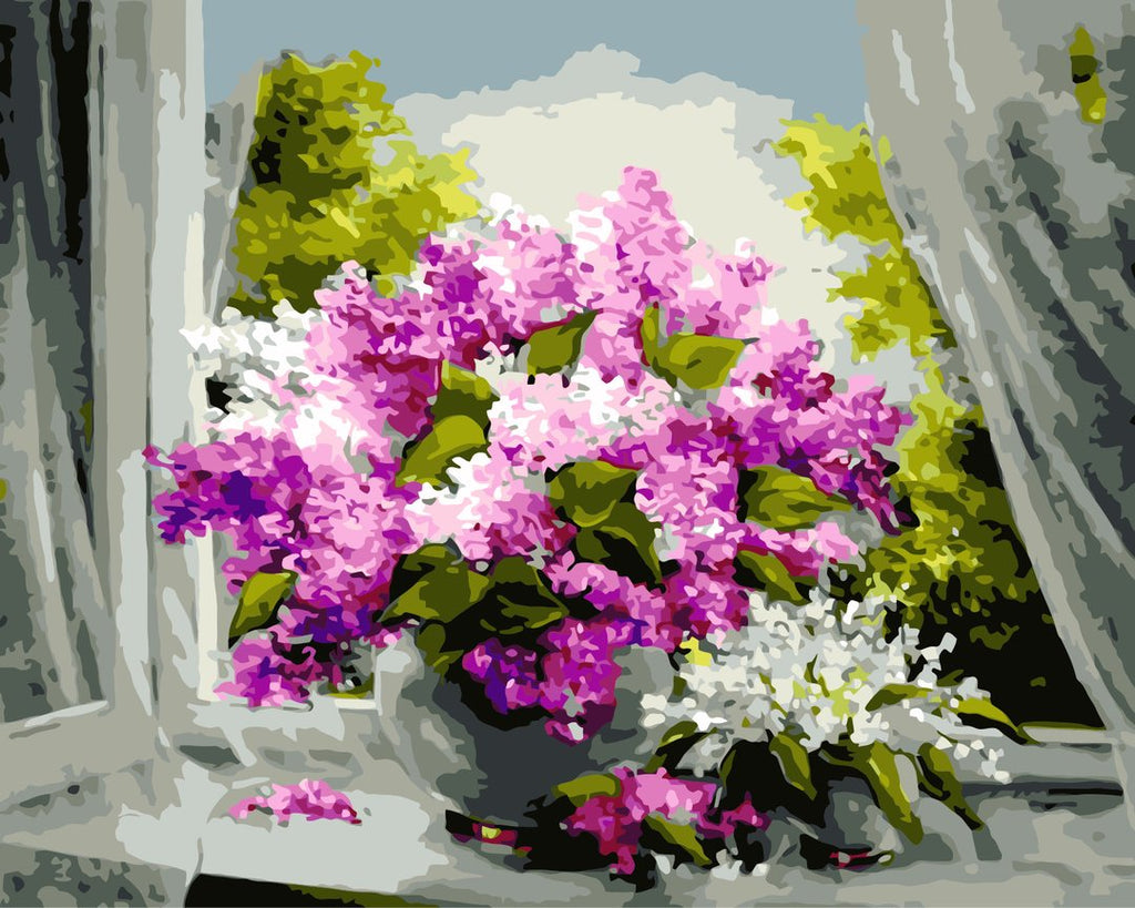 Kleine Paarse en Witte Bloemen op de Vensterbank Schilderen op Nummers