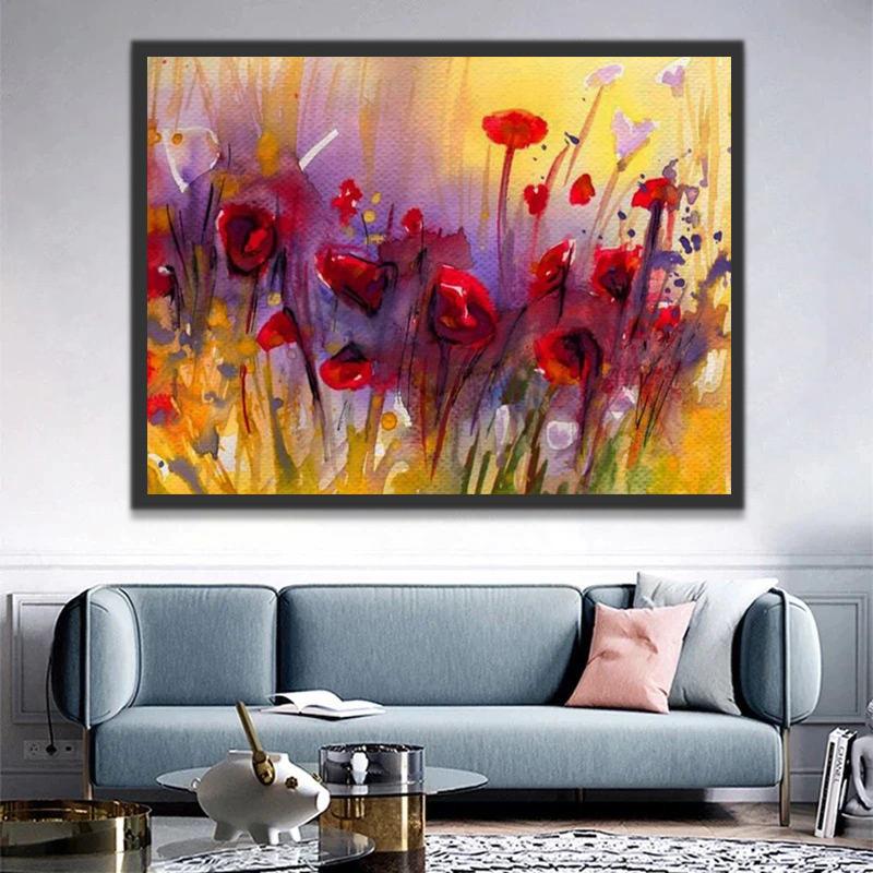 Kleine rode bloemen in een gouden weide Schilderen op Nummers