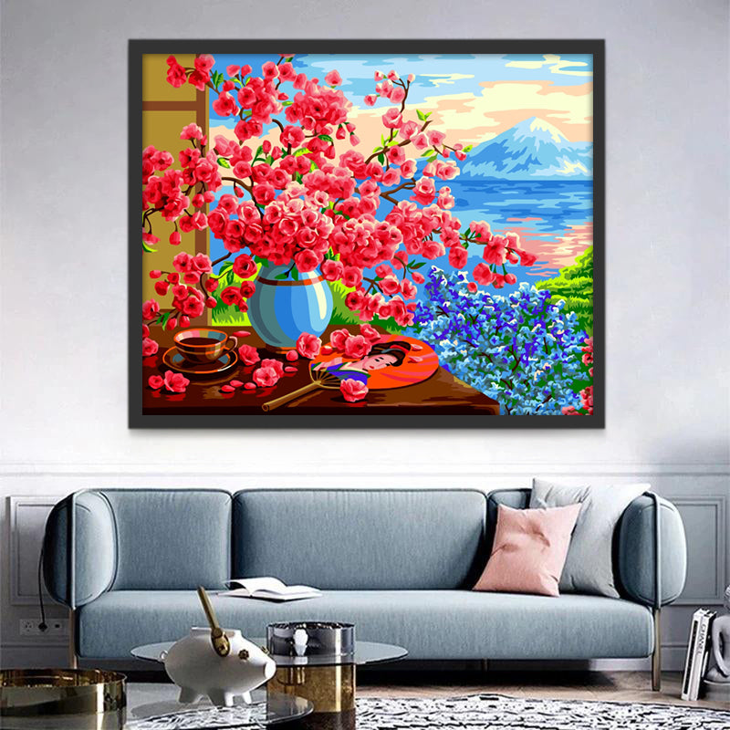 Kleine Rode Bloemen met de Berg Fuji op de Achtergrond Schilderen op Nummers