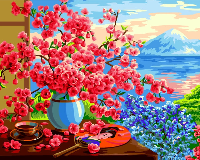 Kleine Rode Bloemen met de Berg Fuji op de Achtergrond Schilderen op Nummers