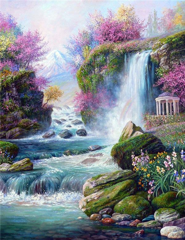 Kleine Watervallen en Weelderige Flora Schilderen op Nummers