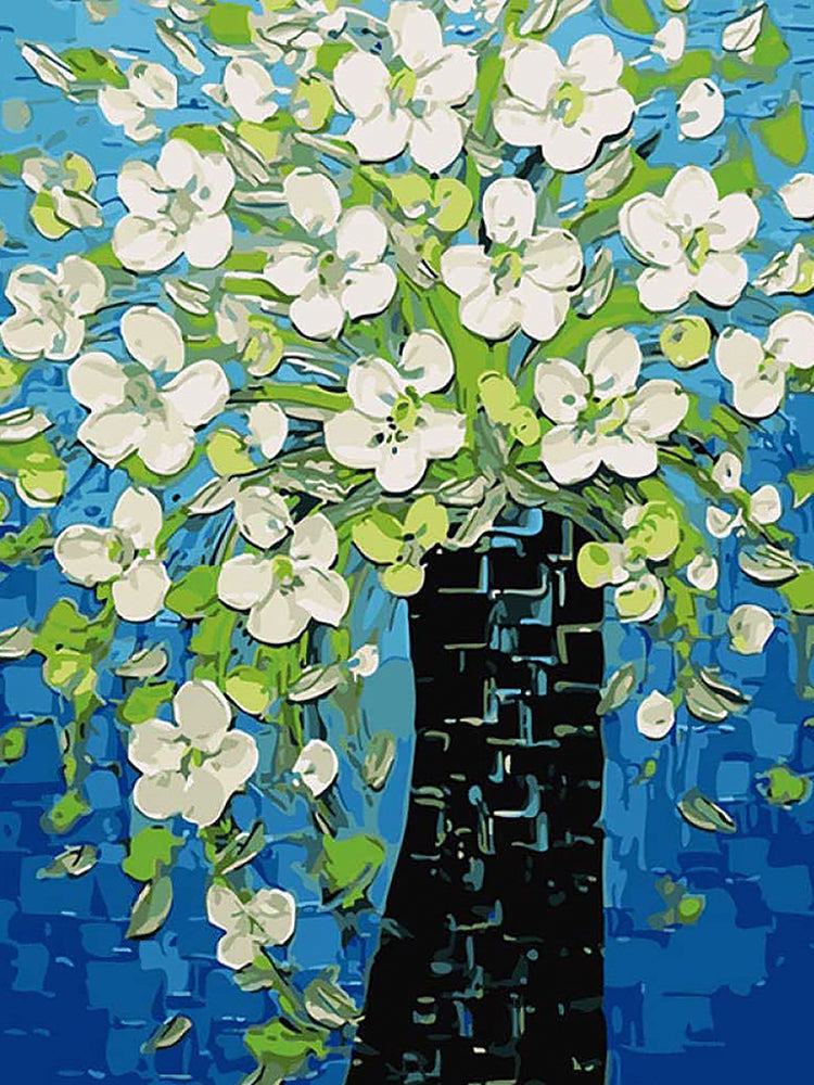 Kleine Witte Bloemen tegen een Blauwe Achtergrond Schilderen op Nummers