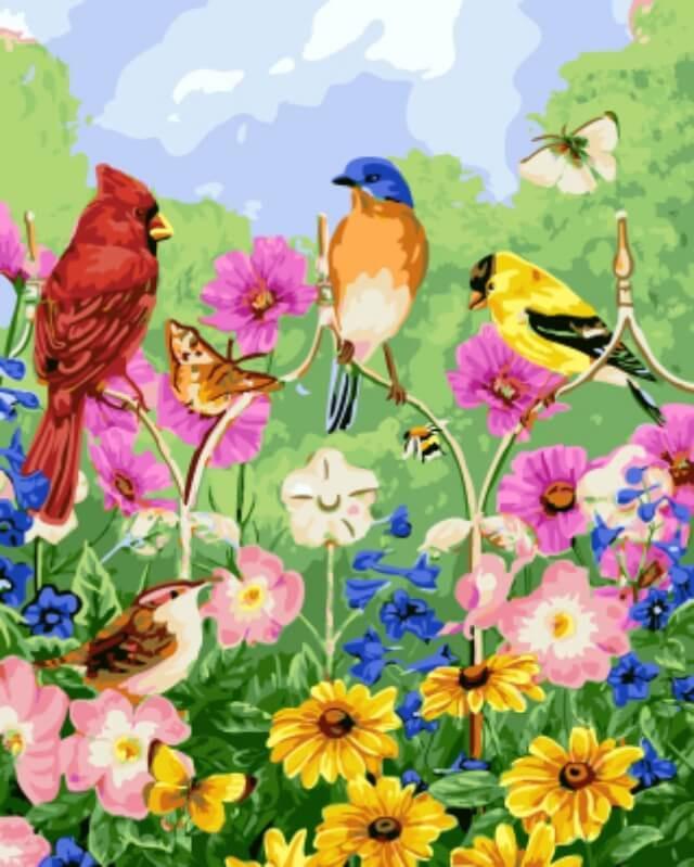 Kleurrijke Bloemen en Kleurrijke Vogels in de Lente Schilderen op Nummers