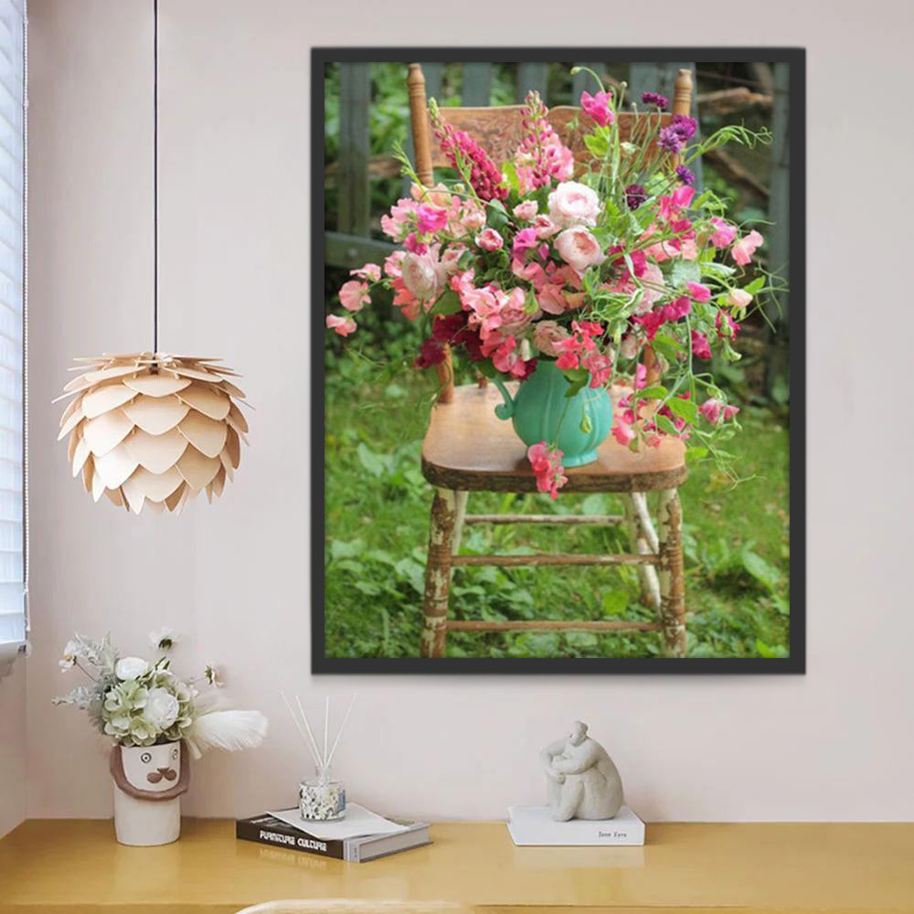 Kleurrijke Bloemen in een Groene Vaas op een Stoel Schilderen op Nummers