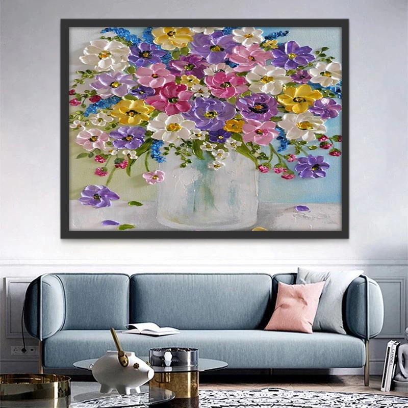 Kleurrijke bloemen in een heldere glazen vaas Schilderen op Nummers