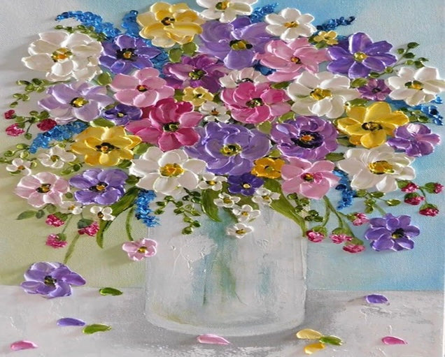 Kleurrijke bloemen in een heldere glazen vaas Schilderen op Nummers